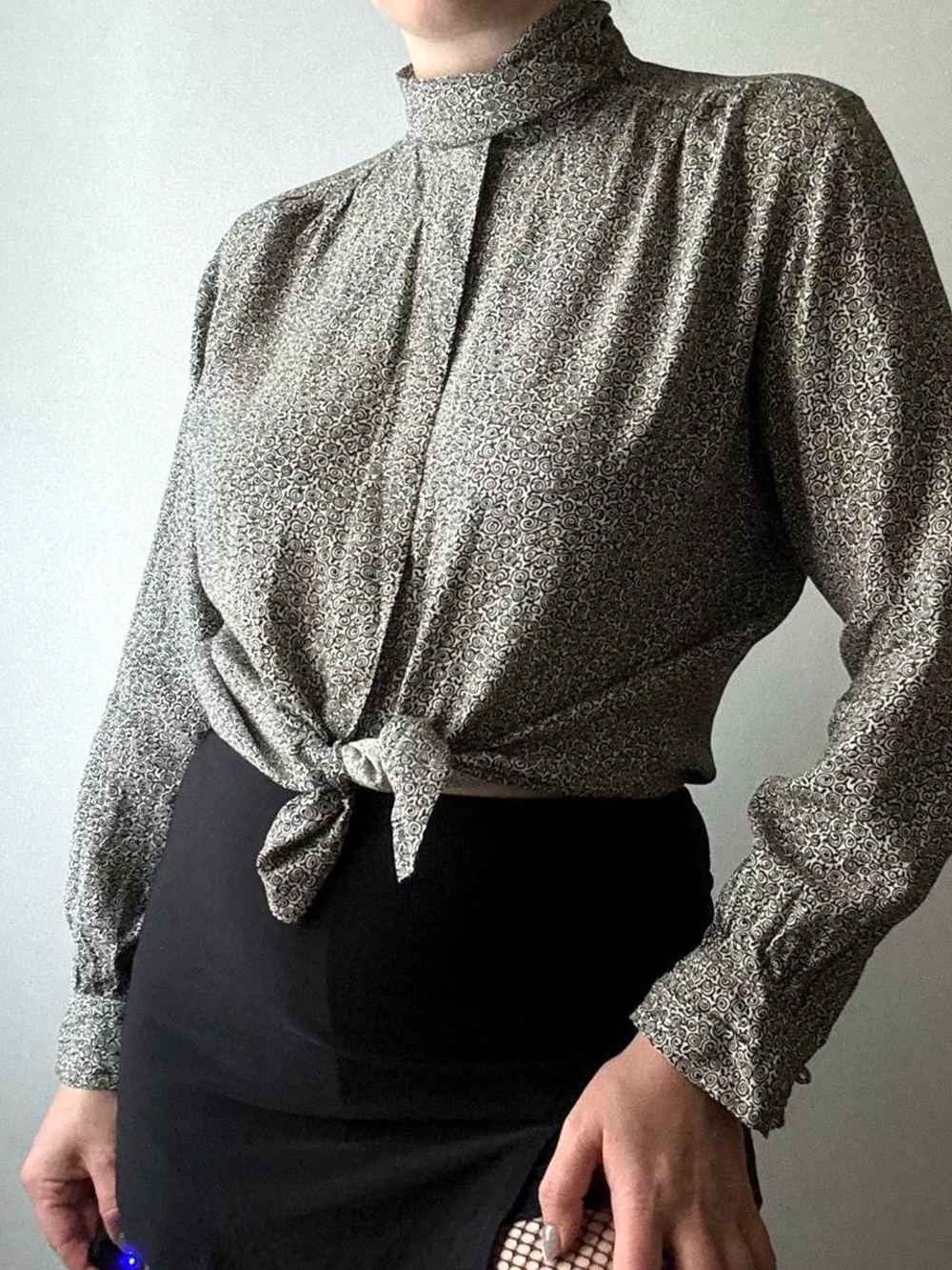 Vintage Jones Wear petite black and white rose print button up high neck blouse